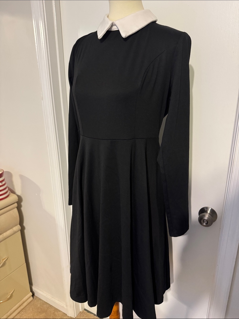 Black Long-Sleeve Dress with White Contrast Collar